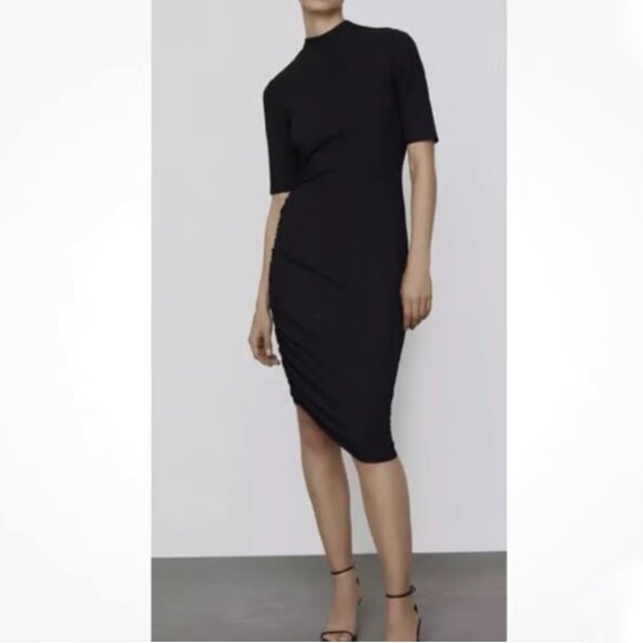 Zara Black Midi Dress Short Sleeve Side Ruched Ribbed Mock Neck Small - Picture 2 of 9